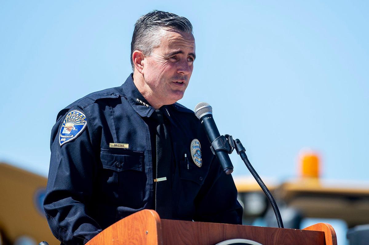Los Banos Police Chief Gary Brizzee speaks during a groundbreaking ceremony for the new Los Banos police station in Los Banos, Calif., on Thursday, May 19, 2022. The site is located at 1111 G Street.