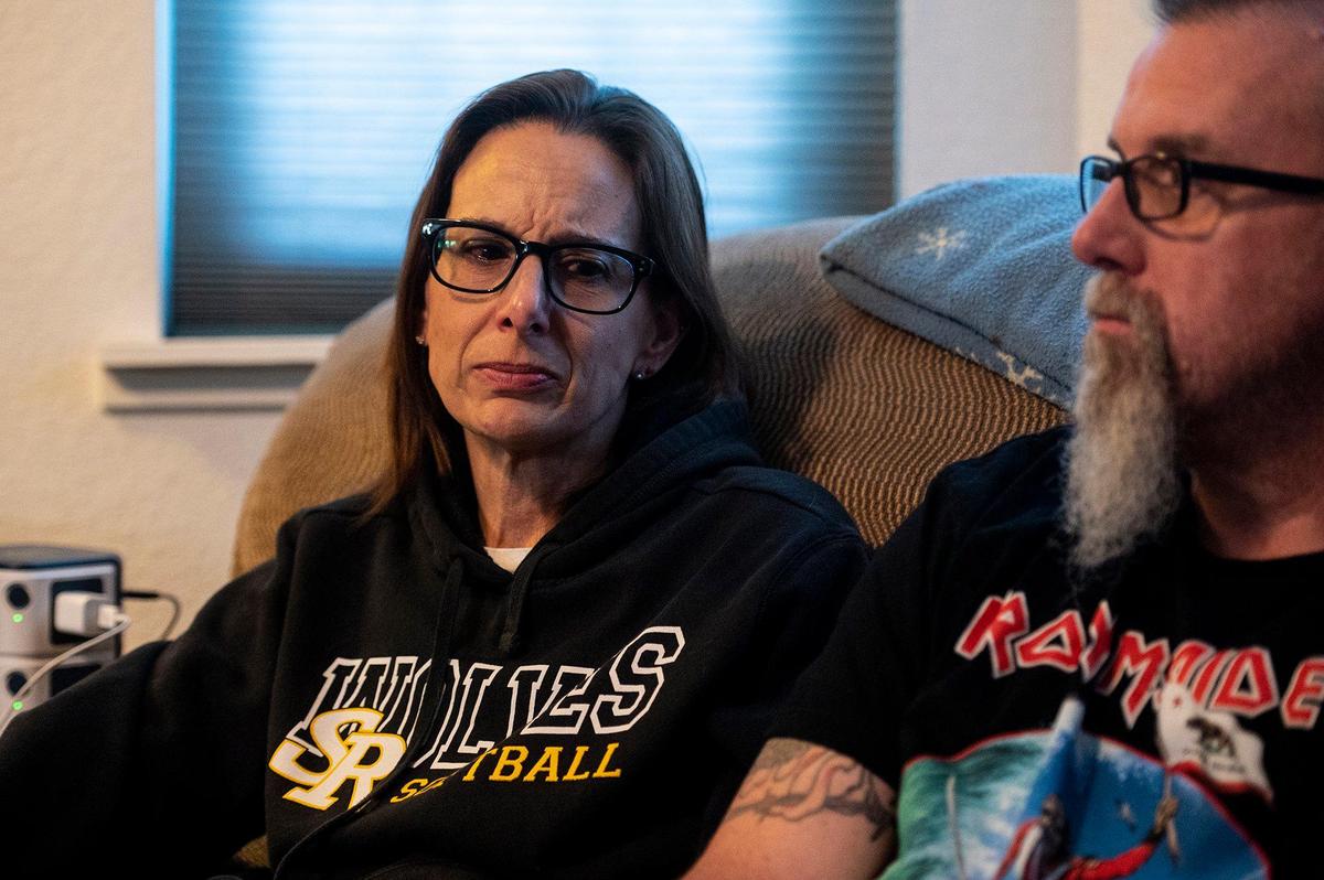 Michelle Elissiry, 49, of San Ramon, left, and Rob Edwards, 54, of Merced, right, speak about their late mother Billie Edwards, 73, and aunt Carolyn Rose, 76, in Atwater, Calif., on Thursday, Nov. 3, 2022. The family said Edwards and Rose were walking along East Juniper Avenue on Nov. 2, when they were struck and killed by a vehicle. Authorities said the vehicle was traveling westbound on East Juniper Avenue when it left the roadway striking the women and a light pole.