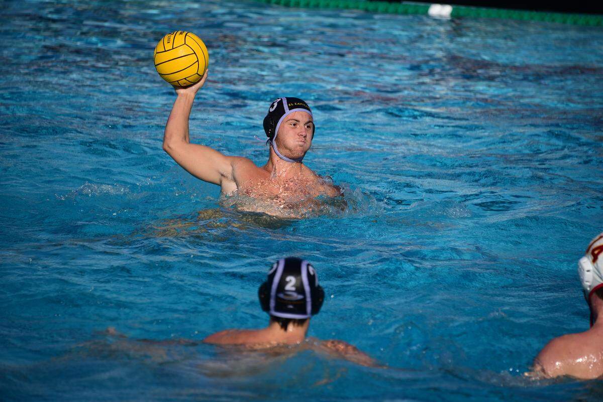 El Capitan’s Dylan Webber shots against Oakdale during the Sac-Joaquin Section Division III championship game on Saturday, Nov. 16, 2019 at the Roseville Aquatic Center.