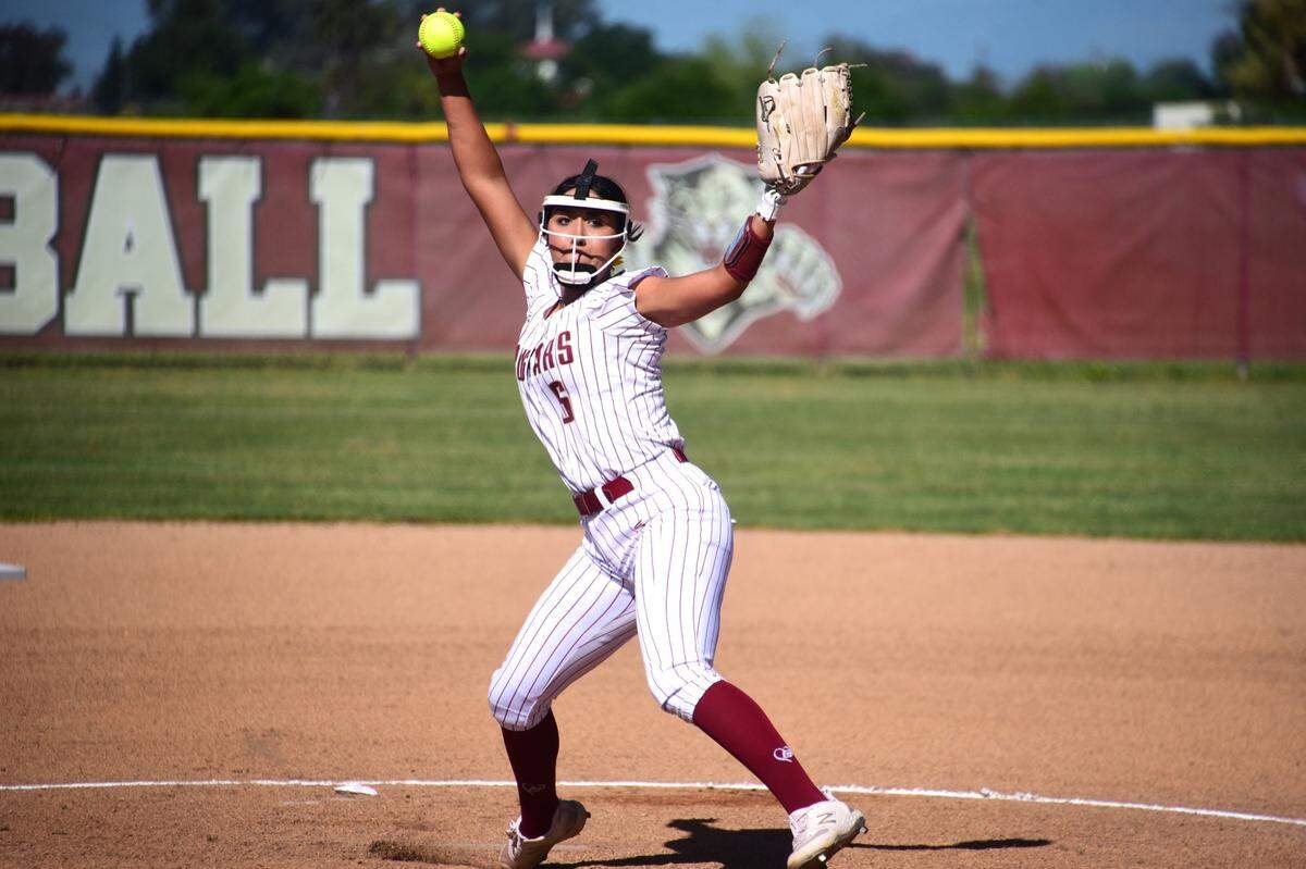 Golden Valley High pitcher Bree Barner delivers a pitch during a game against Patterson on Friday, April 20, 2024 at Golden Valley High School in Merced, Calif. Barner leads the Sac-Joaquin Section with 197 strikeouts.