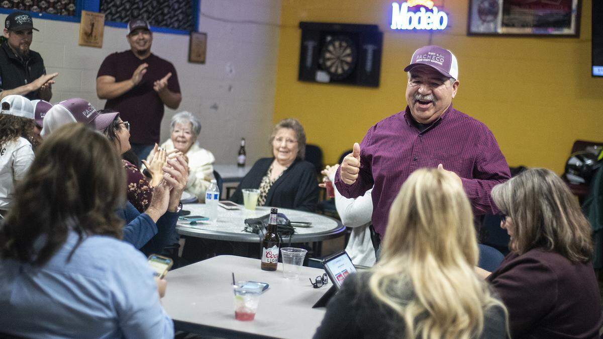 Merced County District 1 Supervisor candidate Jim Pacheco reacts as the first Primary Election voting results are released in Merced, Calif., on Tuesday, March 5, 2024.