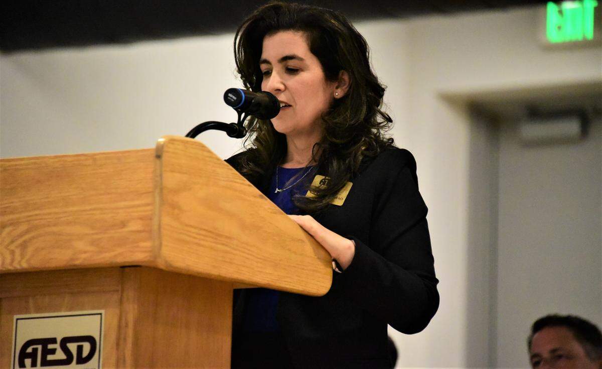 Atwater Elementary School District Superintendent Christy Lobao addresses the crowd during a ribbon-cutting ceremony for the new Juniper Elementary School on Friday, Aug. 4, 2023.