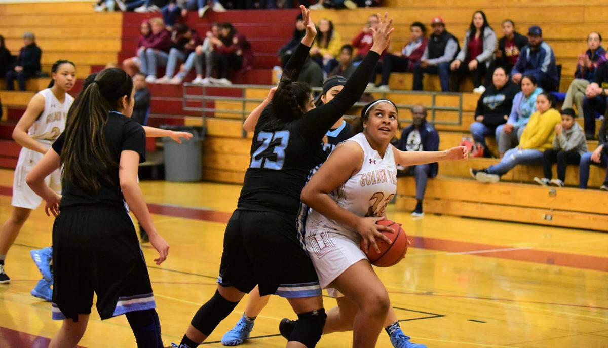 Golden Valley junior Malaysia Lucero goes up for a shot against El Capitan during a game on Thursday, January, 23, 2020 at Cougar Arena.