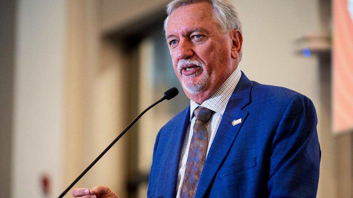 County Superintendent of Schools Steve M. Tietjen, Ed.D., speaks during the Merced County Office of Education annual education report at the Downtown Professional Development Center in Merced, Calif., on Thursday, March 3, 2022.
