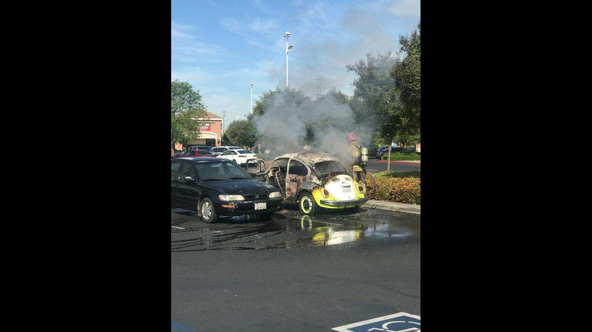 A classic, older model Volkswagen Beetle was burned to major damage Friday, April 19, 2019, following a fire at the Atwater Save Mart parking lot in Merced County, California, according to the Atwater Police Department.