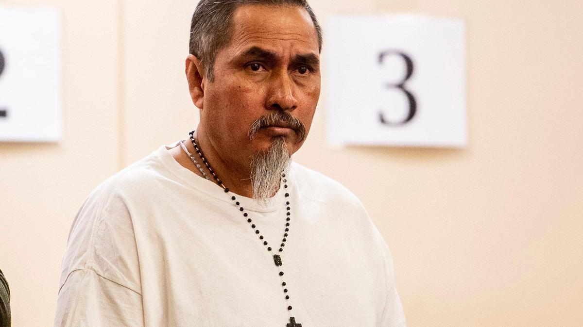 Guadalupe Lopez-Herrera, 55, appears before Judge Carol Ash during a sentencing hearing in Merced County Superior Court in Merced Calif., on Thursday, Dec. 7, 2023. Lopez-Herrera, who was found guilty by a Merced County jury of attempted murder of two Merced County Sheriff’s Office deputies, the attempted murder of the mother of his children, domestic violence and carjacking, was sentenced to a total of 82 years and eight months to life in prison.