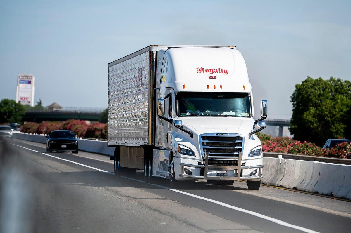 A truck drives north in the right lane of a split section of northbound Highway 99 under construction in Merced, Calif., on Wednesday, May 18, 2022.