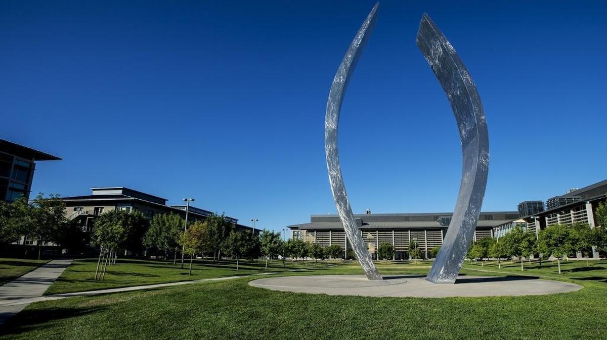 
A sculpture titled “Beginnings” is on display at the campus of the University of California, Merced. Chancellor Dorothy Leland says progress has been remarkable at the campus that opened just 10 years ago.
