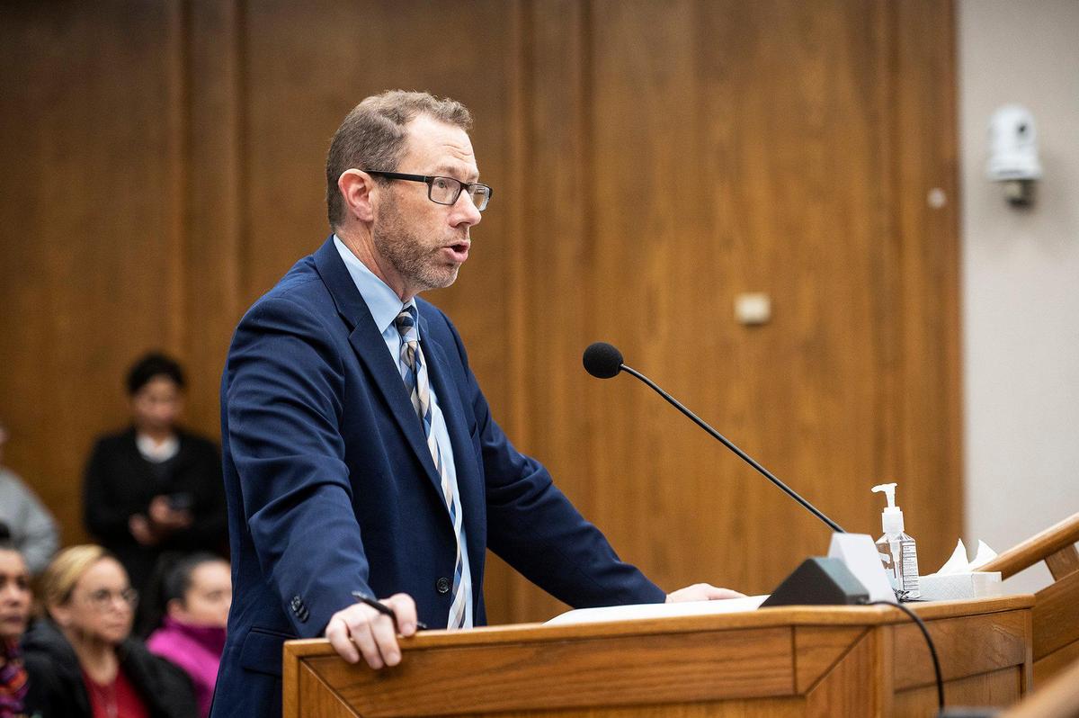 Merced County Community and Economic Development Director Mark Hendrickson, speaks to supervisors during the Merced County Board of Supervisors meeting in Merced, Calif., on Tuesday, Feb. 28, 2023. Planada residents and community advocates who attended the meeting said the county isn’t doing enough to help the community of Planada following devastating flooding which damaged homes and forced thousands to evacuate.