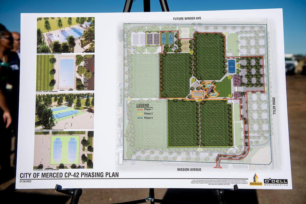 Renderings of a proposed sports complex during a groundbreaking ceremony at Community Park 42 in Merced, Calif., on Wednesday, July 26, 2023. The nearly 40 acre park which is located at the corner of Mission Avenue and Tyler Road in south Merced, will feature soccer and football fields as well as basketball courts, tennis courts, pickle ball courts and a futsal court, according to the city. The park will also feature restroom facilities, concessions, pavilions, playgrounds and a walking path.