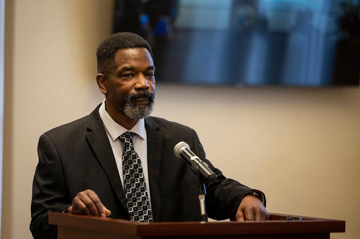 Richard Ogletree, 66, speaks on behalf of his brother Charles, during a ceremony held for the naming of Merced County’s main courthouse after Professor Charles James Ogletree Jr., in Merced, Calif., on Friday, Feb. 17, 2023. The naming of the building comes after the signing of Assembly Bill 2268 by Gov. Gavin Newsom, recognizing Ogletree’s contributions to law, education and civil rights.