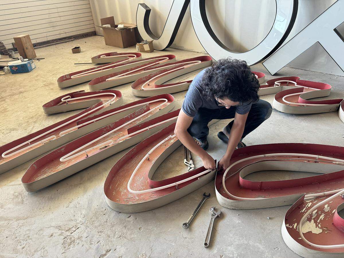 The former Merced Mall neon sign after it was removed from an entrance to the mall in Merced, Calif. in July 2025. Image courtesy of William S. George. 