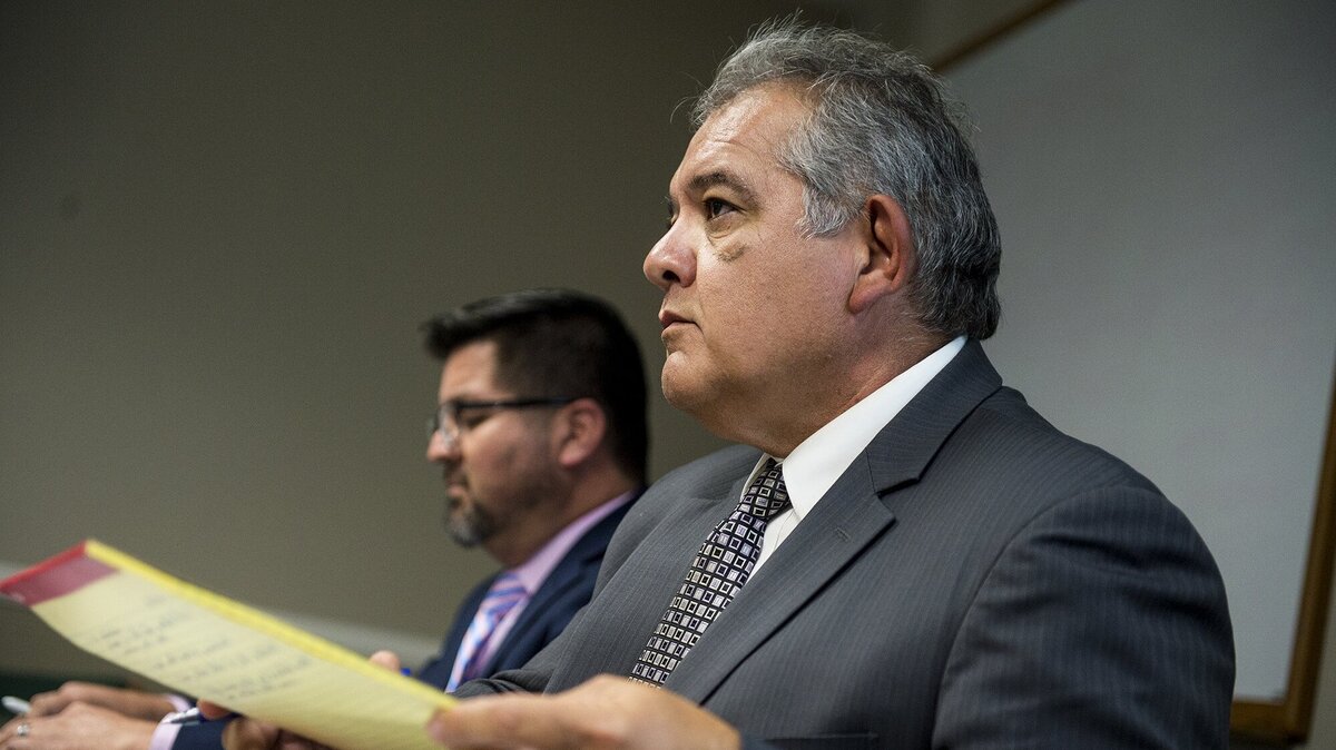 Merced Union High School District Deputy Superintendent Ralph Calderon looks on during an Merced Union High School District special board meeting at the school district office in Atwater, Calif., on Thursday, May 17, 2018. The meeting was held to discuss three separate claims of sexual harassment within the school district.
