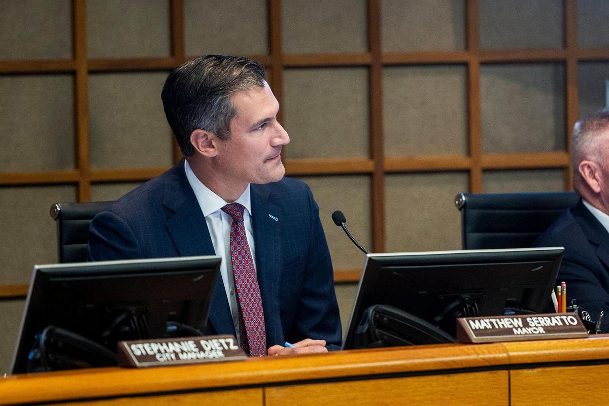 City of Merced Mayor Matthew Serratto listens to a presentation by the Committee for a Safer Merced Chairperson and former City of Merced Mayor Mike Murphy, during the Merced City Council meeting in Merced, Calif., on Monday, Aug. 21, 2023. The committee submitted thousands of voter signatures to the city clerk office that were collected in support of renewing Measure C funding.