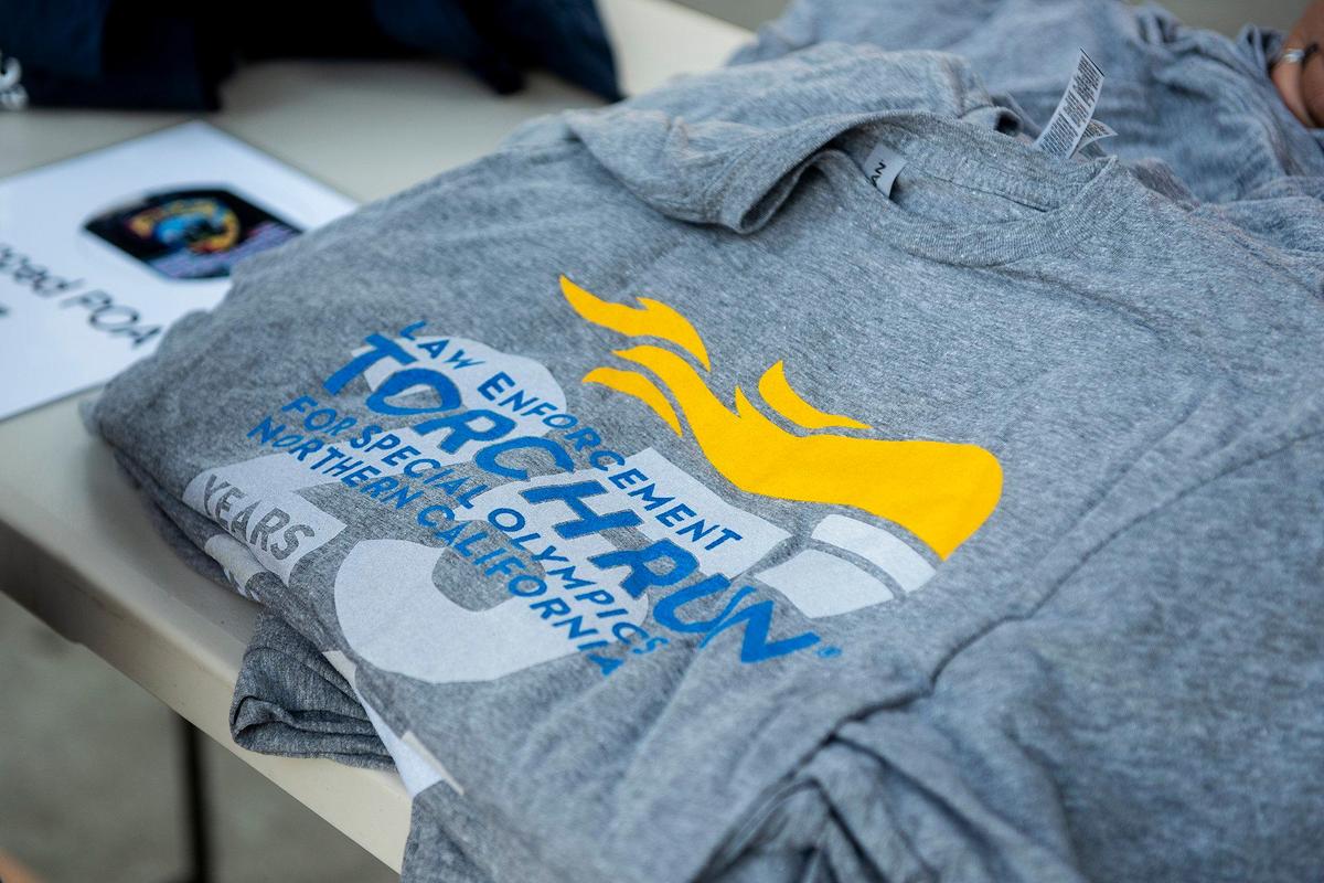 Shirts for sale in Bob Hart Square prior to the Law Enforcement Torch Run for Special Olympics Northern California in Merced, Calif., on Thursday, June 15, 2023.