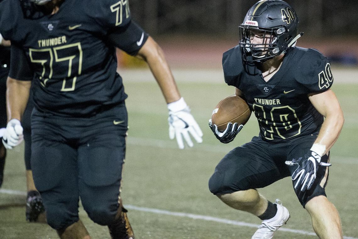 Buhach Colony senior Owen Thomas (40) rushes during a game against Gregori at Atwater High School in Atwater, Calif., on Friday, Aug. 17, 2018. The Thunder beat the Jaguars 13-6.