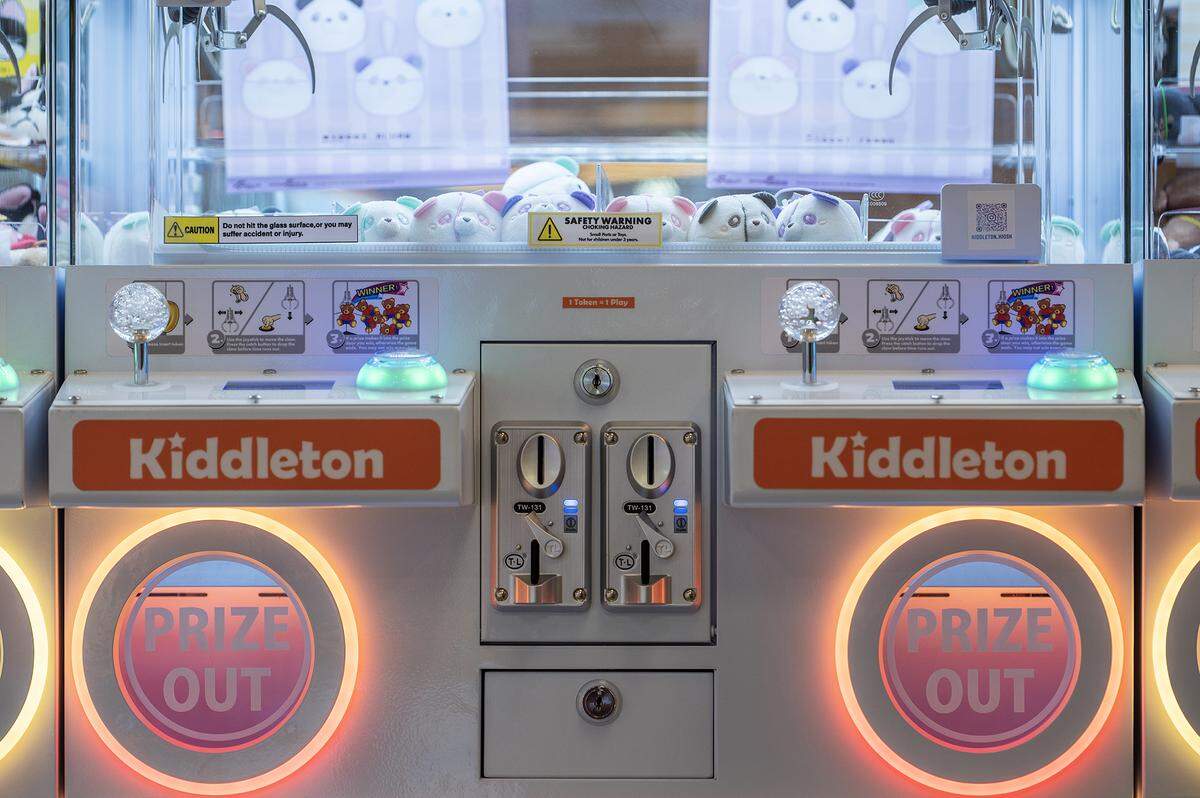 Claw machines filled with plush toys at the Kiddleton arcade, located inside the Marketplace at Merced in Merced, Calif., on Friday, Aug. 8, 2025. 