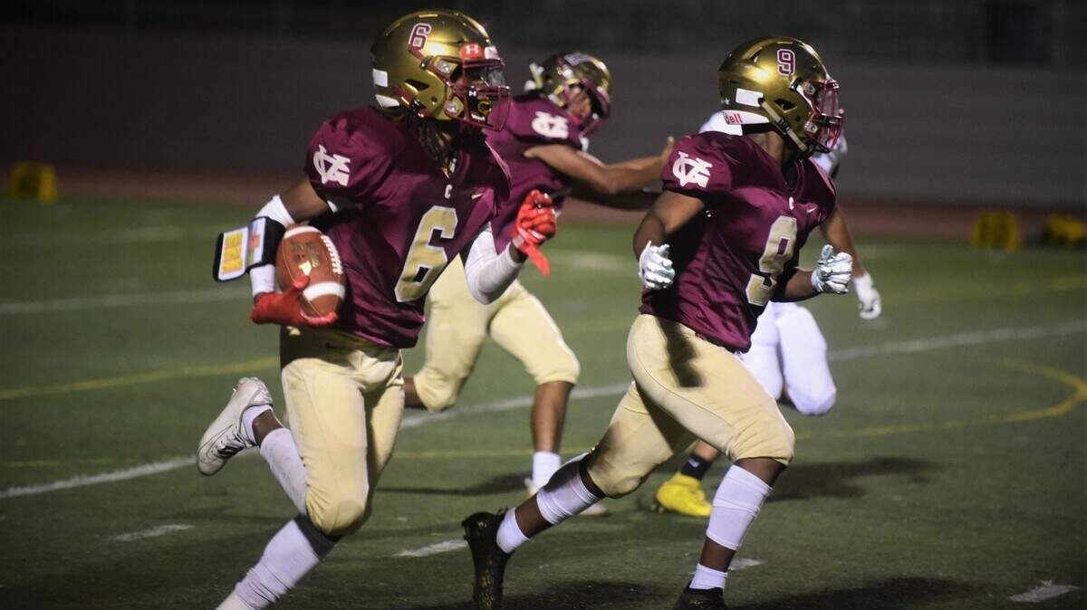 Golden Valley sophomore Jonah White returns one of his two interceptions against Chowchilla during a 40-14 win for the Cougars on Friday, Sept. 3, 2021 at Veterans Stadium in Merced, Calif.