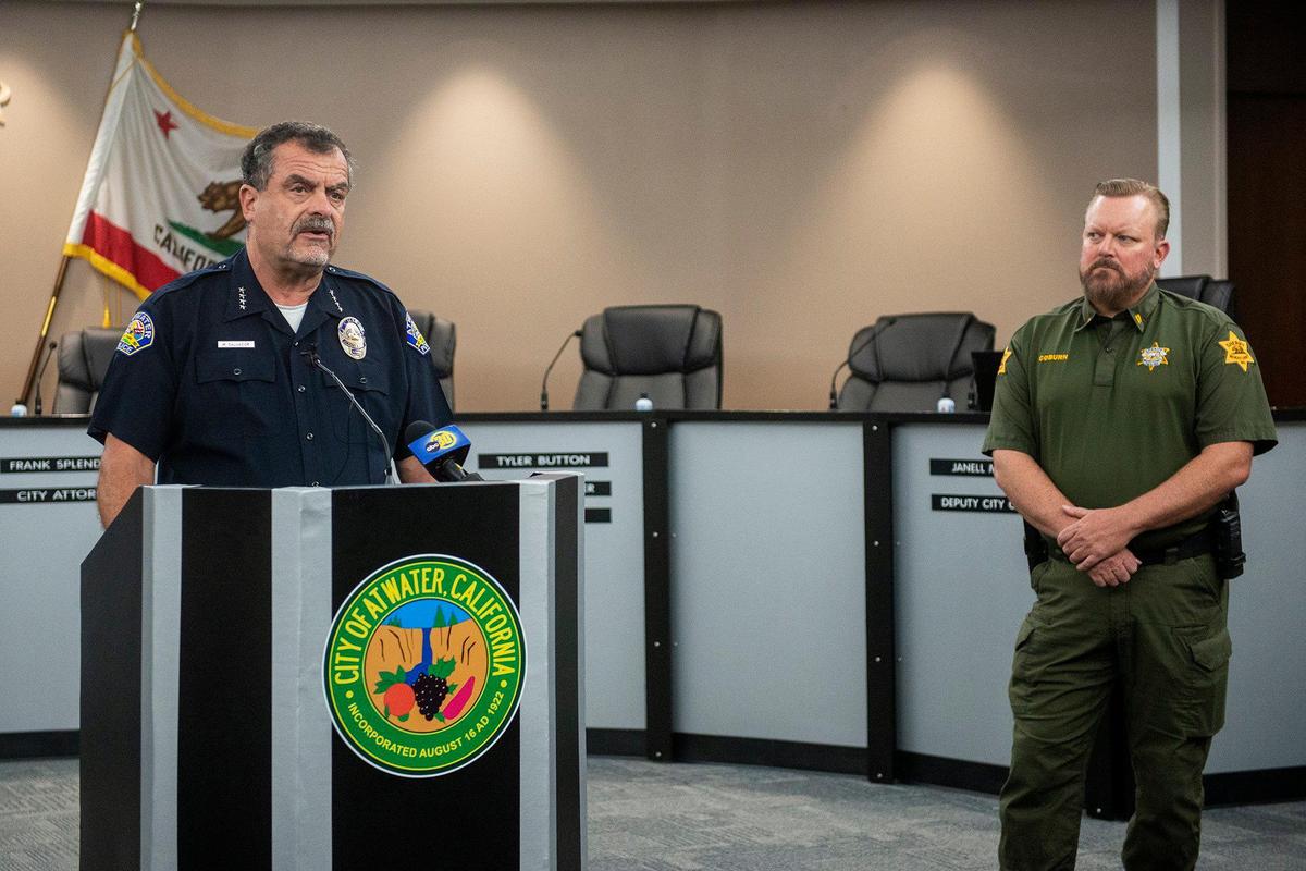 Atwater Police Chief Michael Salvador releases information during a news conference regarding an officer-involved shooting that resulted in the death of a suspect in Atwater, Calif., on Monday, Aug. 14, 2023. Police said the suspect was shot and killed by the officer Sunday evening after allegedly pointing a gun at the officer during a foot chase.