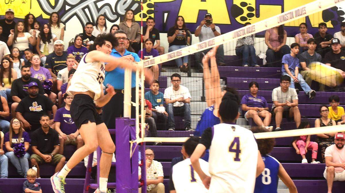 Livingston High School junior Bradley Kaji slams home a point during the Wolves’ 3-1 victory over Oakland High in the Northern California Division IV boys volleyball final on Saturday, May 24, 2025 at Livingston High School.