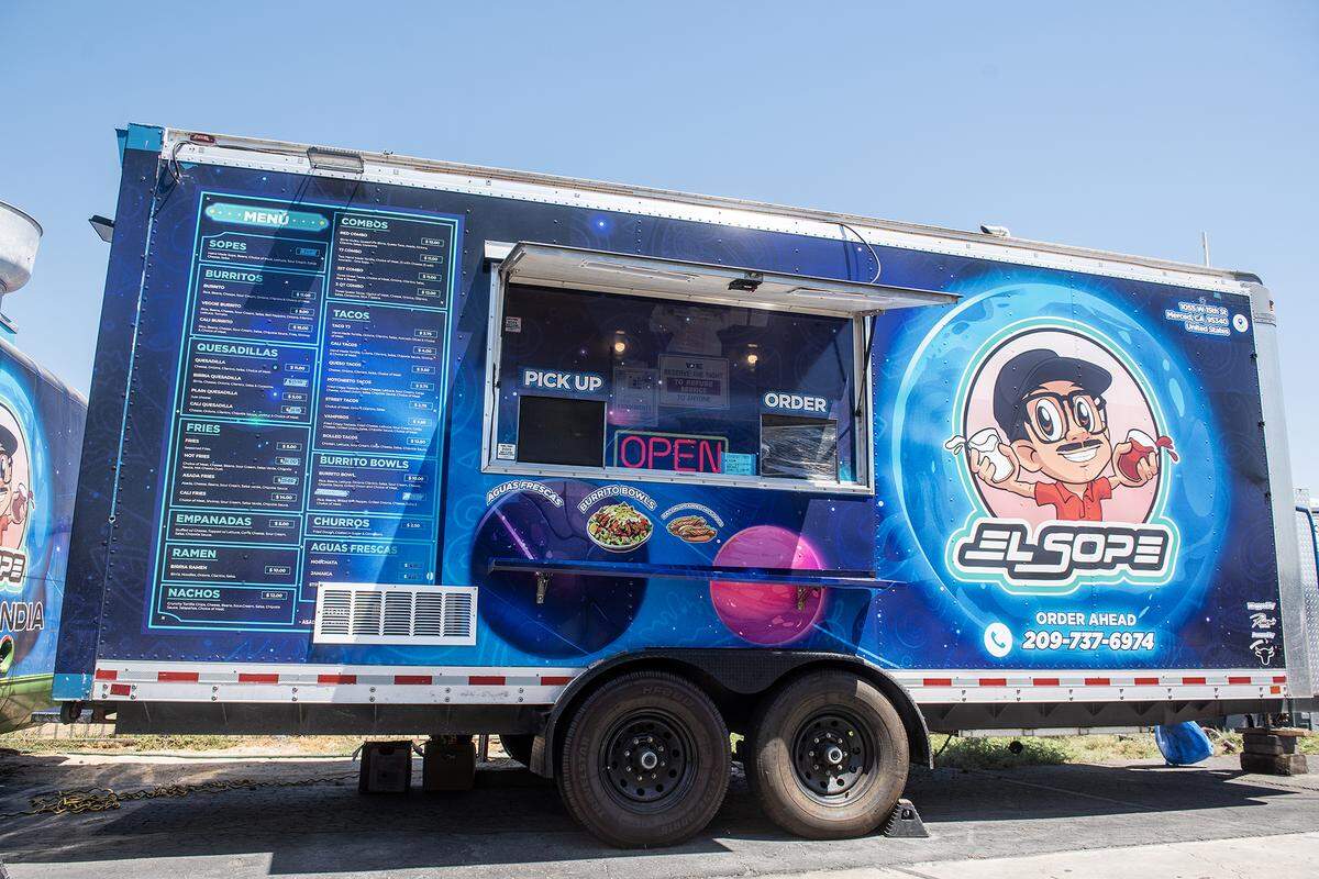 _ at a food truck parking area in the lot of Courtesy Rent a Car, 1055 W. 15th Street in Merced, Calif., on Tuesday, Aug. 12, 2025. The location currently hosts up to nine food trucks offering various cuisine options. 
