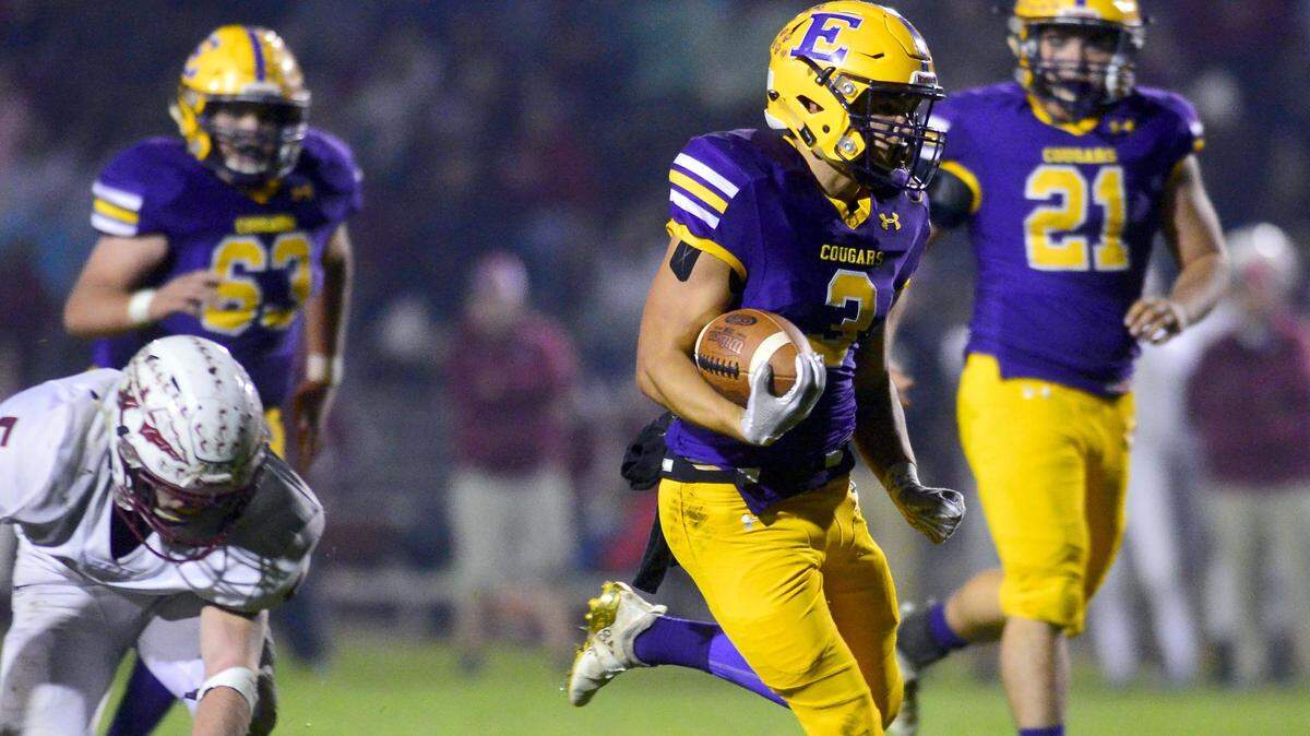 Escalon running back Kaden Christensen (3) sprints upfield during a Division VI CIF Sac-Joaquin playoff game between Escalon and Calaveras at Escalon High School in Escalon  CA on November 9, 2018.