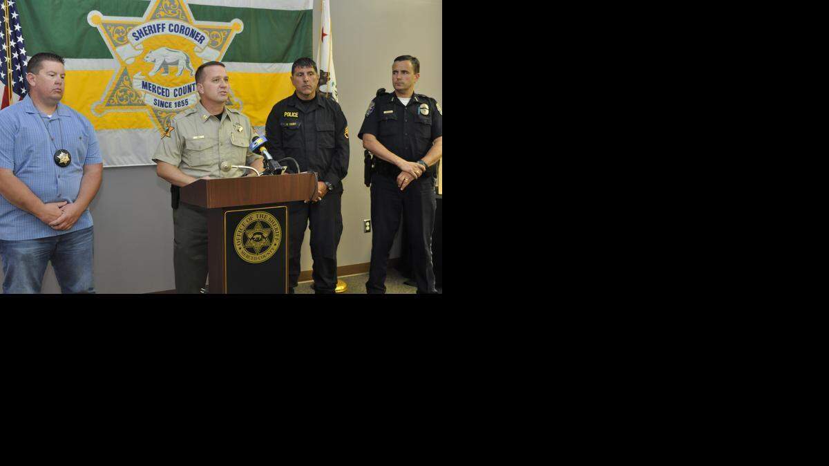 Sheriff's Sgt. Chuck Hale, Sheriff's Capt. B.J. Jones, Merced Police Sgt. Rod Court and Los Banos Police Chief Gary Brizzee are shown during Friday's press conference, discussing three arrests in a Los Banos homicide case. 
