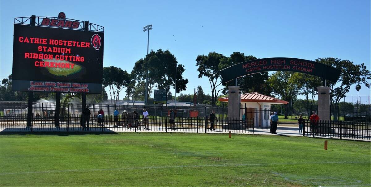 Merced High School held a ribbon-cutting ceremony to celebrate the opening of its new on-campus Cathie Hostetler Stadium that features a video scoreboard on Friday, Aug. 12, 2022.