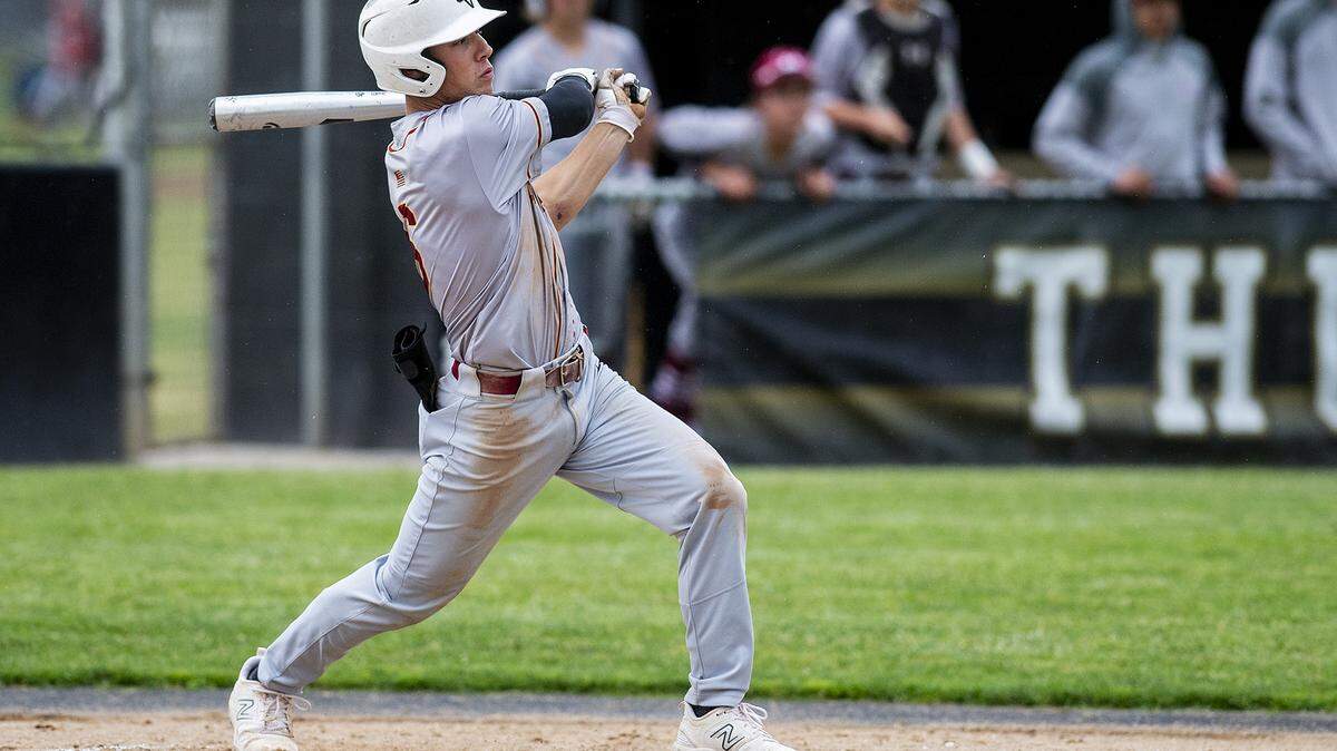 Golden Valley junior Koen Heupel (6) hits a single during a game against Buhach Colony at Buhach Colony High School in Atwater, Calif., on Thursday, May 4, 2023.