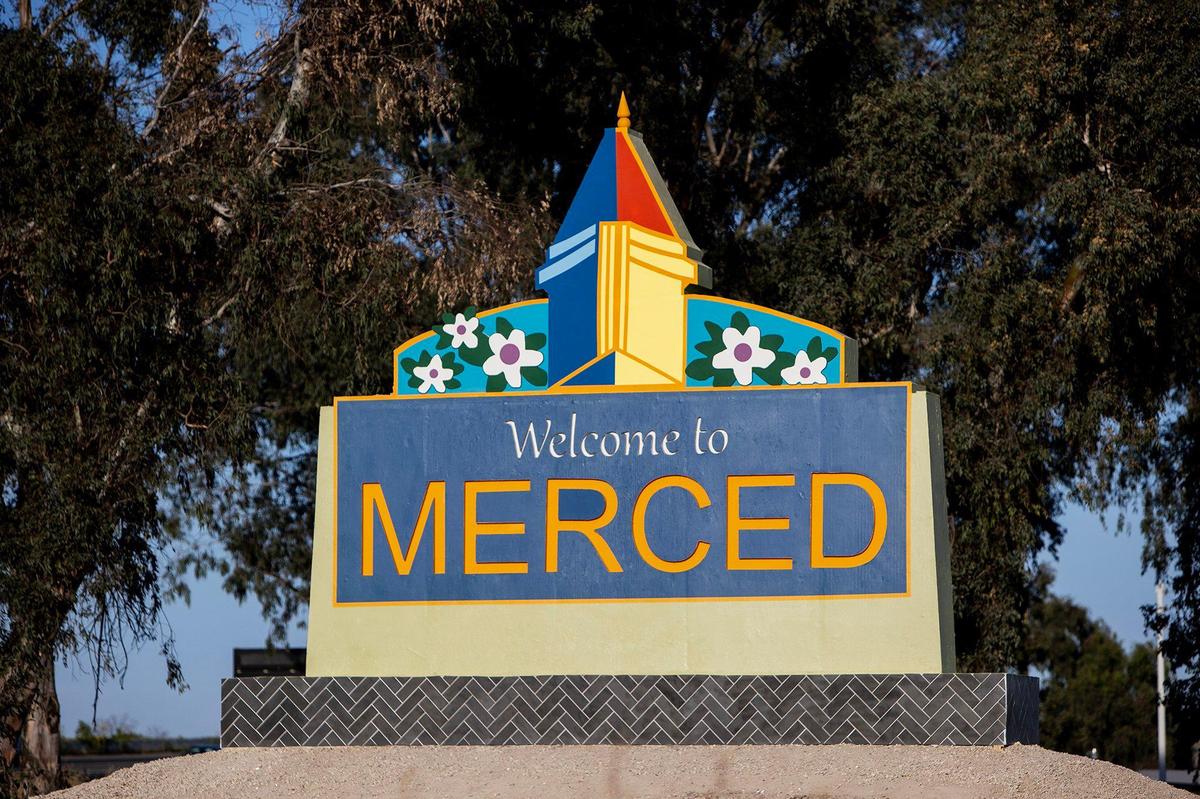 A monument welcoming motorists to Merced is seen along southbound Highway 99 near West 16th Street in Merced, Calif., on Tuesday, June 3, 2025. 