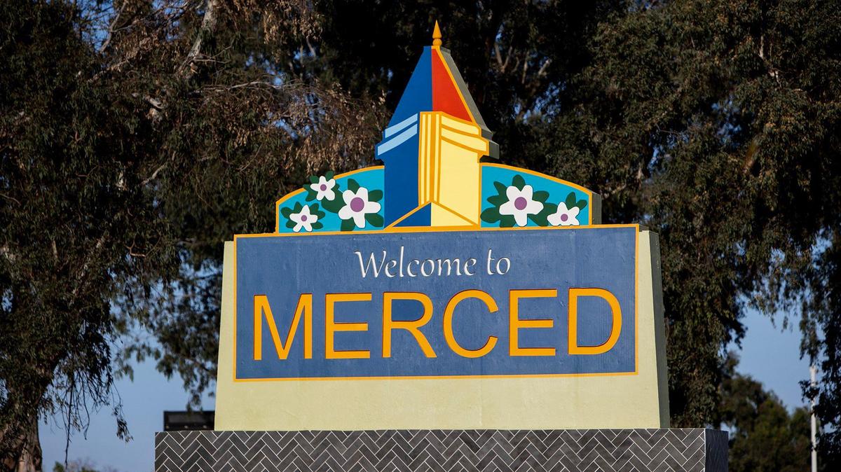 A monument welcoming motorists to Merced is seen along southbound Highway 99 near West 16th Street in Merced, Calif., on Tuesday, June 3, 2025. 