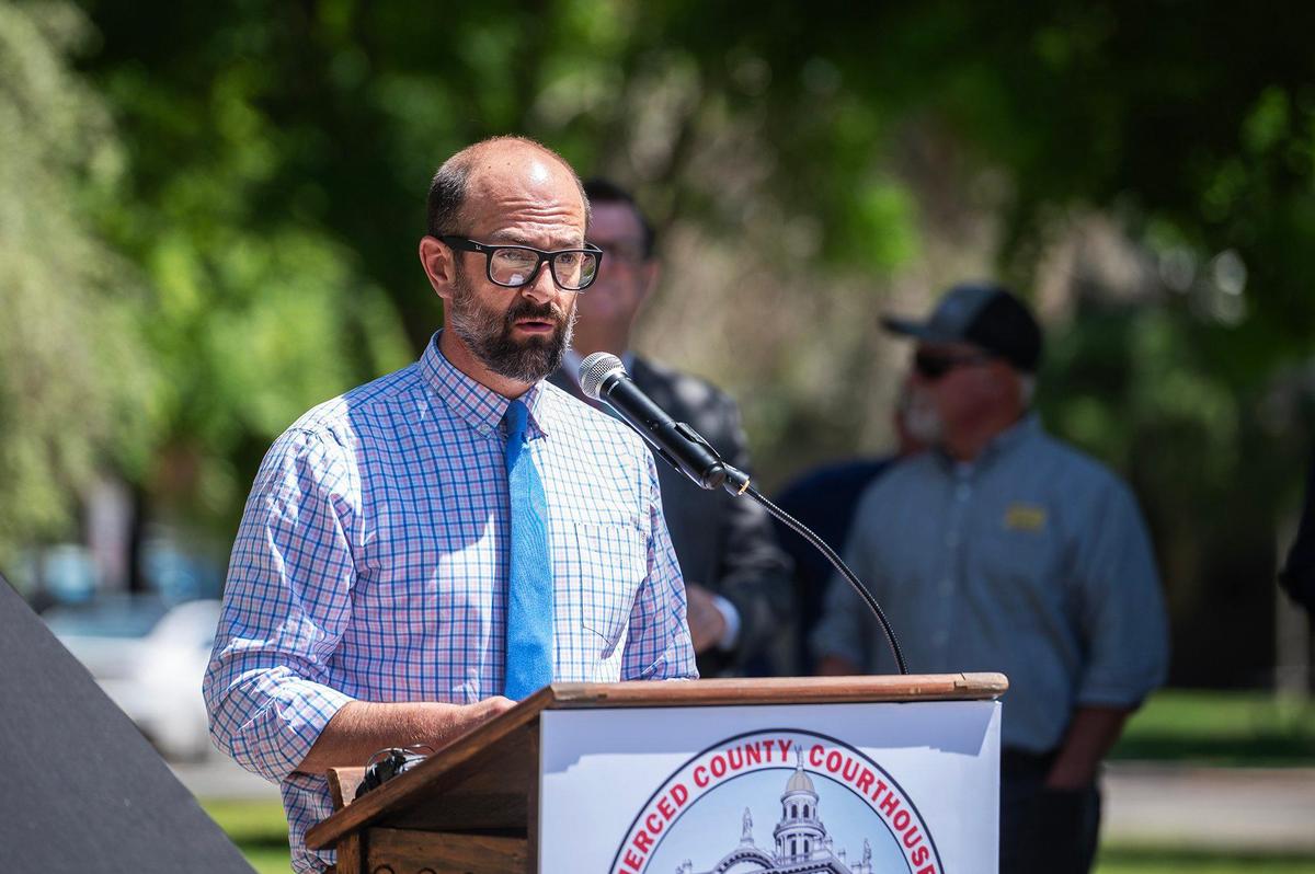 Merced County District 2 Supervisor Josh Pedrozo speaks during a rededication ceremony for the historic Merced County Courthouse in Merced, Calif., on Monday, May 5, 2025. The ceremony was held 150 years to the day from when the courthouse was originally dedicated in 1875.