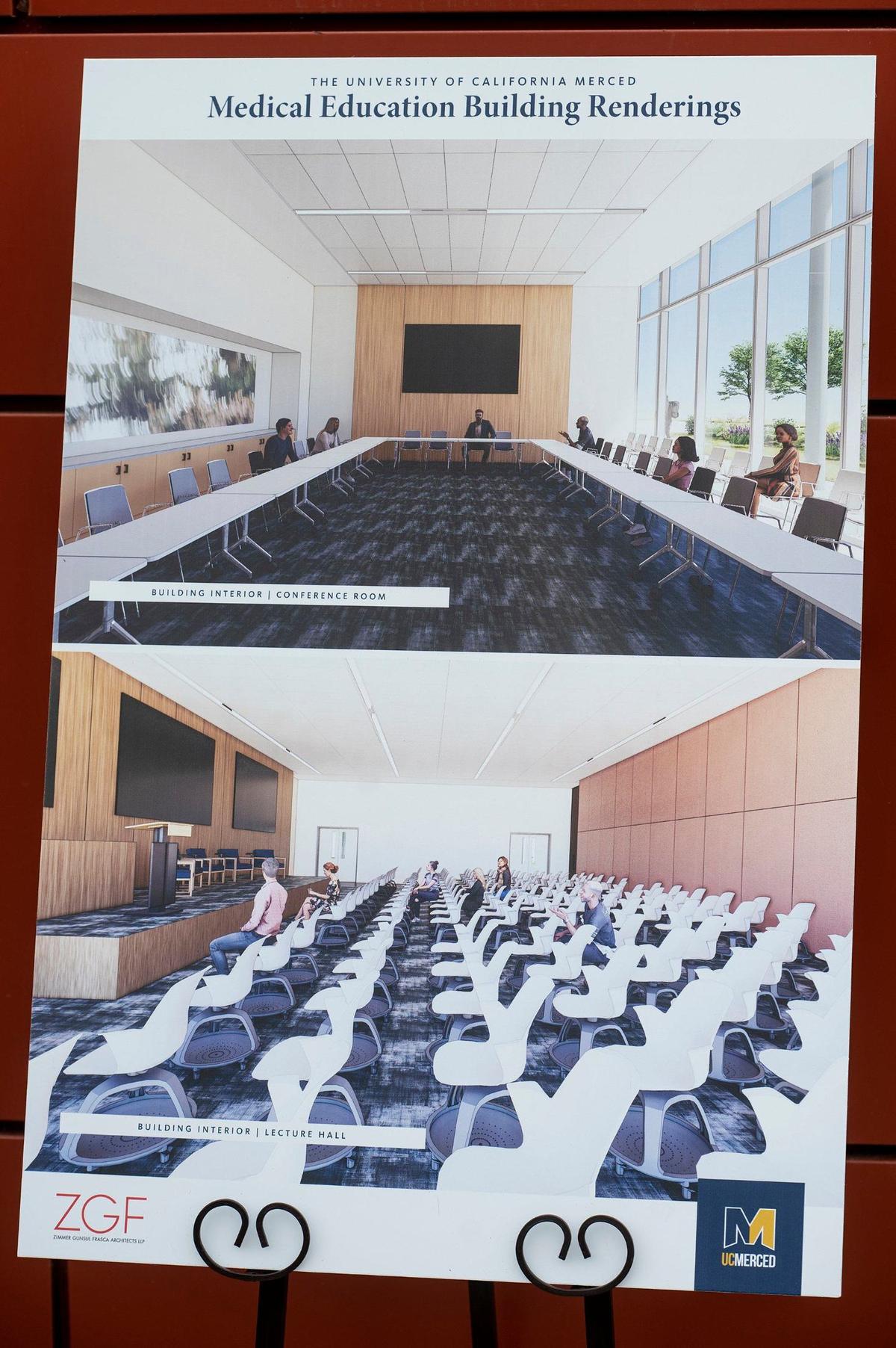 Renderings of the University of California, Merced Medical Education Building on display during a groundbreaking ceremony on the university’s campus in Merced, Calif., on Tuesday, May 14, 2024. Construction of the $300 million 203,500 square foot facility, is expected to be completed in the fall of 2026.