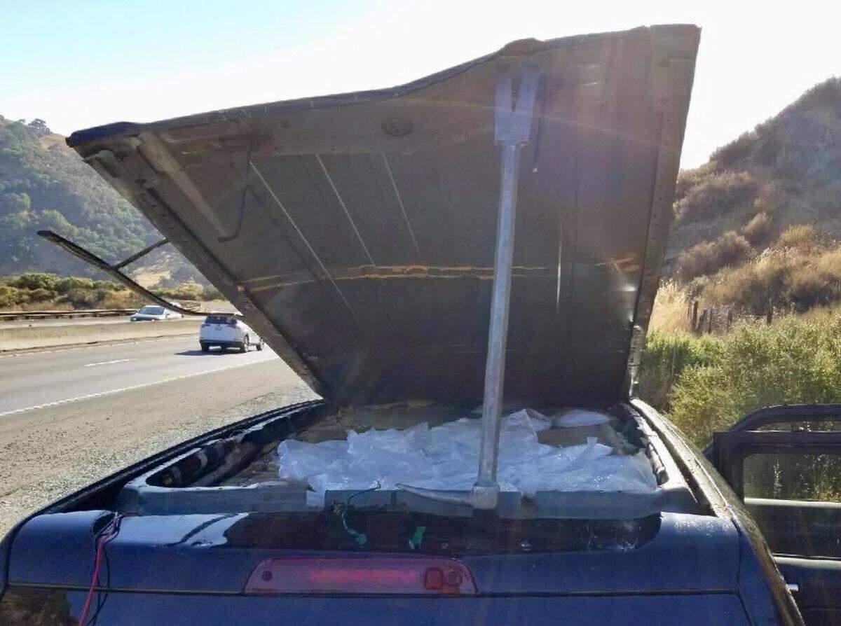 These bags of crystal methamphetamine were found in a secret compartment in the roof of a 2013 Jeep Patriot after CHP K9 Beny alerted officers during a speeding traffic stop Tuesday, Aug. 28, 2018, on Pacheco Pass.