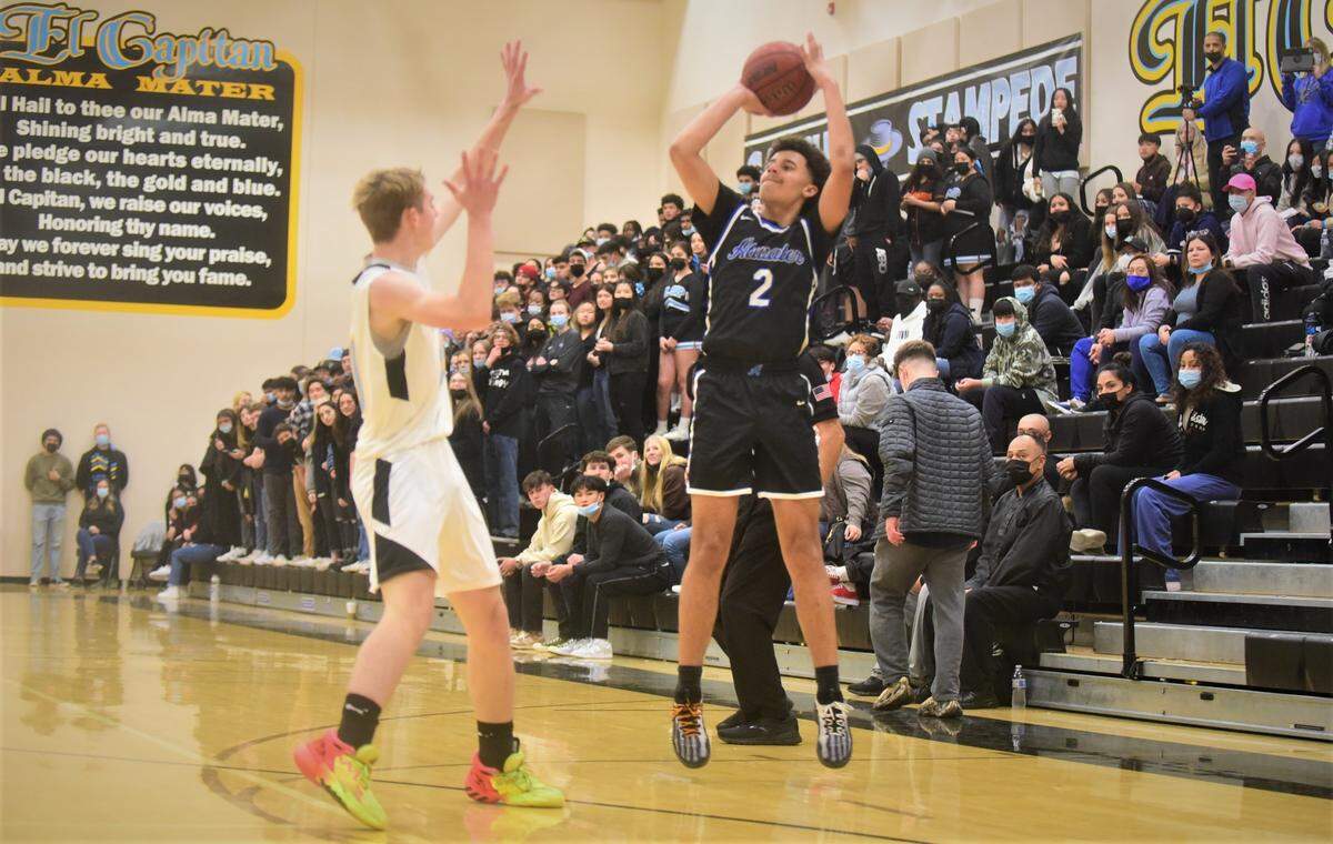 Atwater High senior Cameron Frazier (2) shoots a 3-pointer against El Capitan during a game at the Stable Center at El Capitan High School on Friday, Jan. 14, 2022 in Merced, Calif.