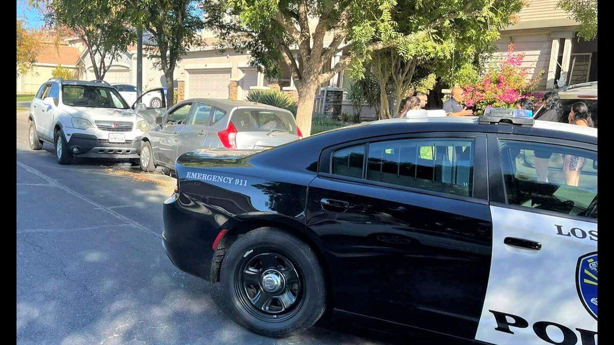 A 39-year old Los Banos man was arrested on suspicion of possessing a stolen firearm and narcotics after leading police officers on a pursuit, which officers said led to this collision Friday morning, Sept. 30, 2022, in Los Banos, California.