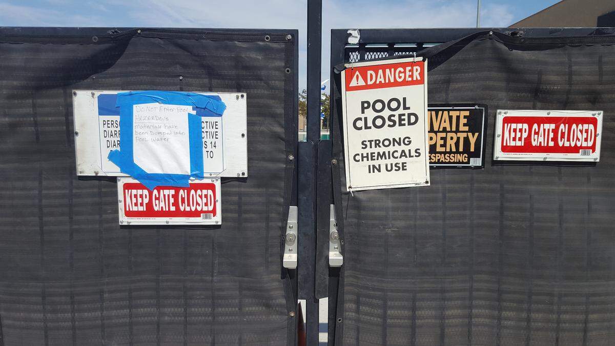 The Pacheco High pool is closed for the summer after someone dumped a five-gallon bucket of motor oil and oil filters into the pool. The repairs could cost the  Los Banos Unified School District $50,000.
