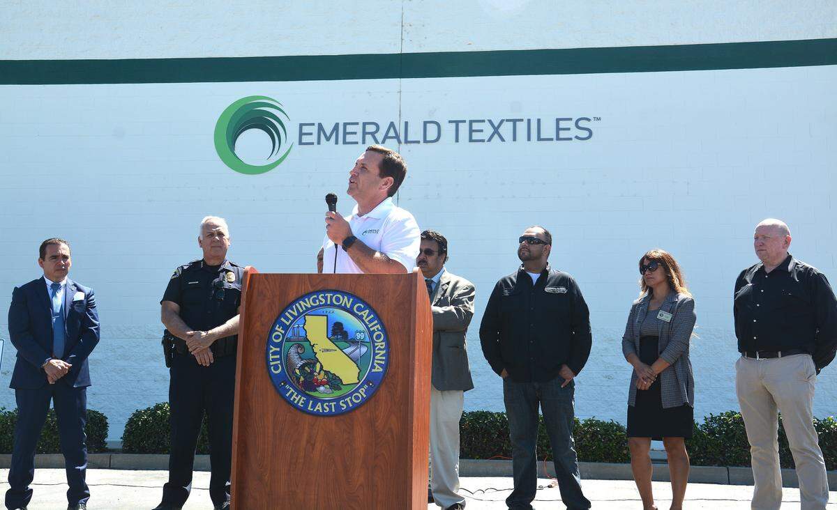 Rich Bott, CEO of Emerald Textile Services, speaks during a groundbreaking ceremony of an automated medical laundry facility, Friday, July 12, 2019, at 420 Industrial Drive in Livingston, Merced County, California.