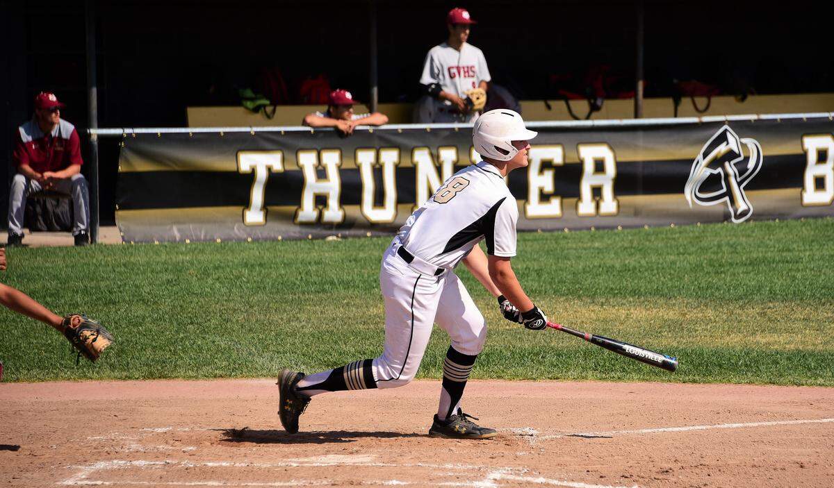 Buhach Colony sophomore Jake Sapien connects on a base hit against Golden Valley on Tuesday, May 7, 2019. Sapien recently verbally committed to accept a baseball scholarship to Stanford University.