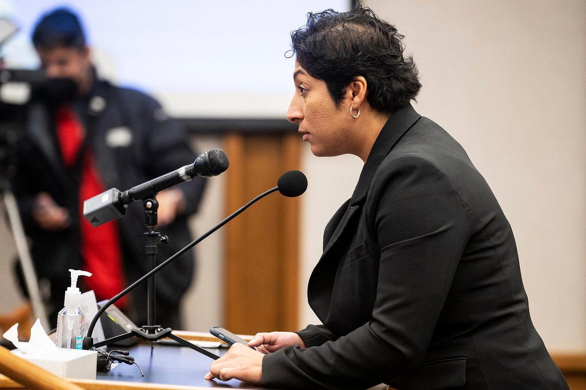 Daniela Ceja-Arceo, 25, of Planada, speaks during the Merced County Board of Supervisors meeting in Merced, Calif., on Tuesday, Feb. 28, 2023. Planada residents and community advocates who attended the meeting said the county isn’t doing enough to help the community of Planada following devastating flooding which damaged homes and forced thousands to evacuate.