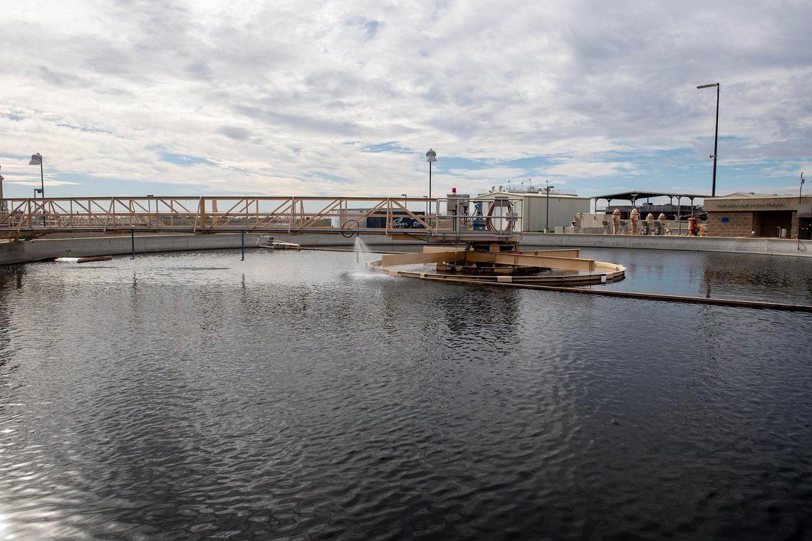 Wastewater inside a secondary aeration basin at the Wastewater Treatment Plant in Merced, Calif., on Thursday, Nov. 21, 2024.