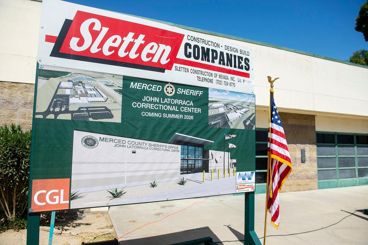 Renderings are displayed during a groundbreaking ceremony for a two-phase construction project to upgrade the John Latorraca Correctional Center off Sandy Mush Road in Merced County, Calif., on Tuesday, Sept. 19, 2023.