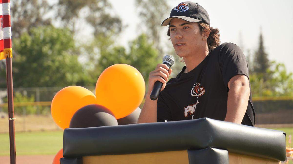 Buhach Colony High School senior Cooper Lanz recently signed his national letter of intent to accept a baseball scholarship to the University of the Pacific during a cermony on the Buhach Colony baseball field.