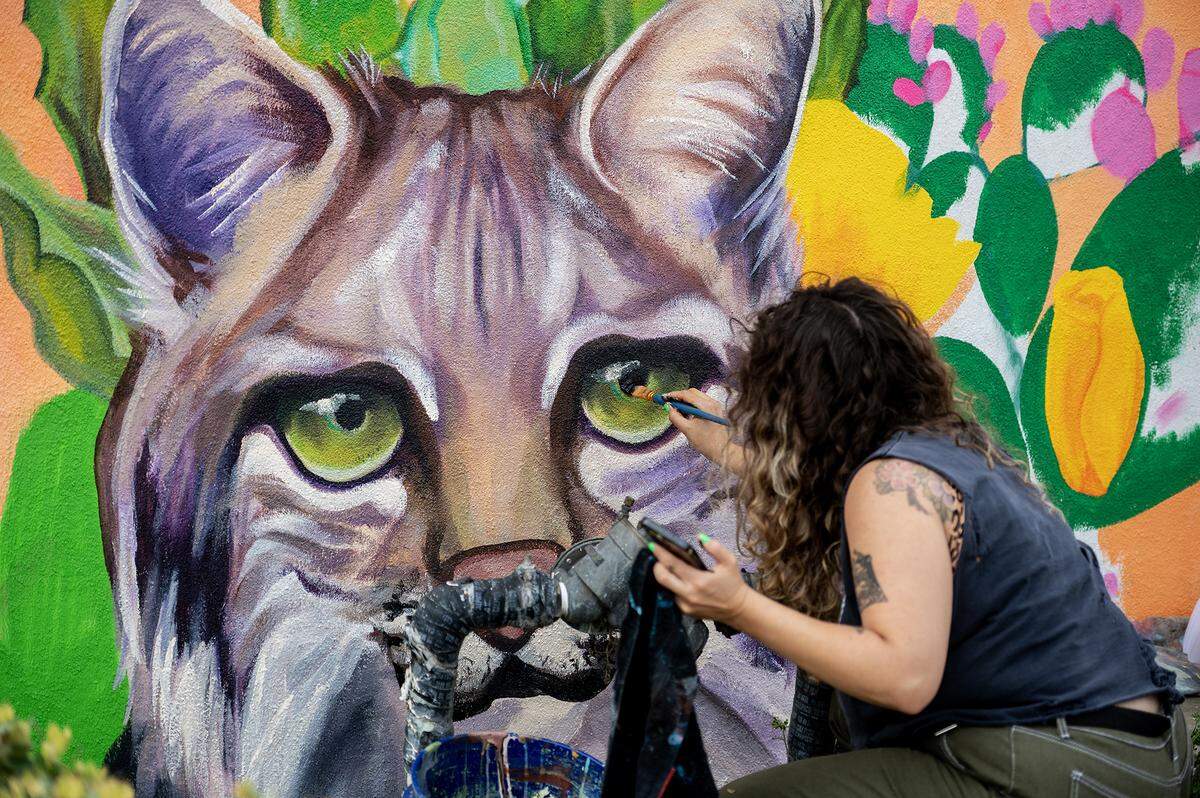 Fresno artist Andrea Torres, 35, paints a mural on the walls of a dumpster enclosure in a parking lot off of West 18th Street in Merced, Calif., on Feb. 27, 2025. Torres said her mural is meant to represent community pride while including elements of the natural valley landscape and touching on the connection the city has with nearby UC Merced.