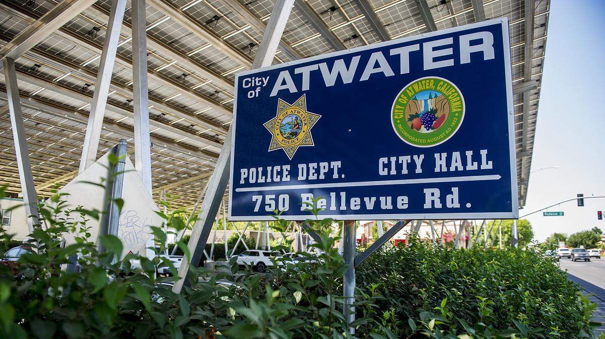A sign for Atwater City Hall and Police Department is seen along Bellevue Road in Atwater, Calif., on Tuesday, Aug. 14, 2018