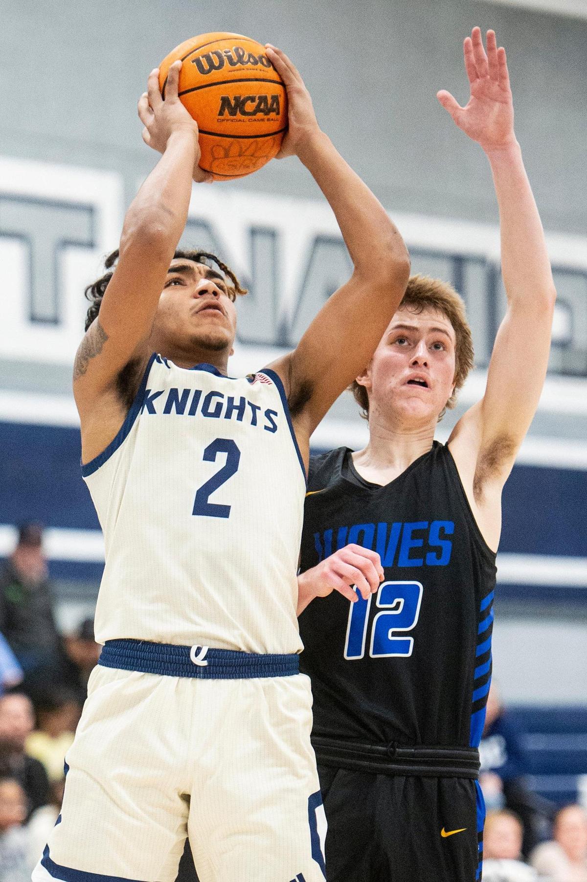Stone Ridge Christian sophomore Daijon O’neil (2) attempts a layup during a CIF Sac-Joaquin Section Division 6 playoff game against Sacramento Waldorf at Stone Ridge Christian High School in Merced, Calif., on Tuesday, Feb. 20, 2024. The Knights beat the Wave 50-37.