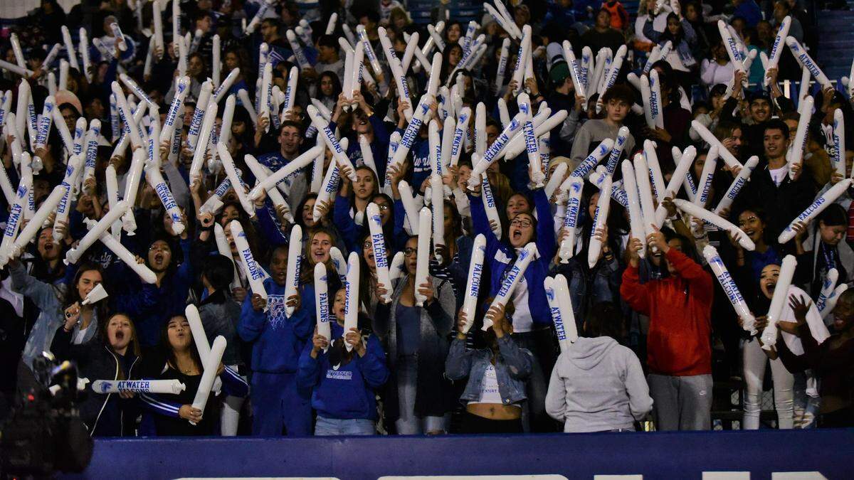 The Atwater High student section gets fired up for the start of Bloss Bowl XIV against Buhach Colony on Friday, Nov. 1, 2019.