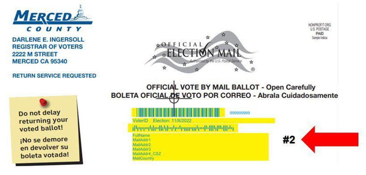 According to the County of Merced, corrected ballots will be mailed to voters with a “#2” printed on the outside of the Vote-By-Mail envelope. Image courtesy of Merced County.