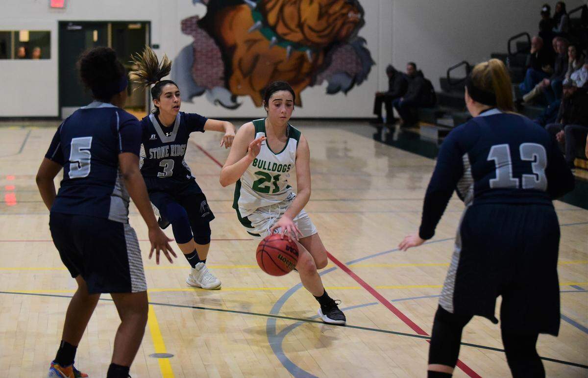 Le Grand High junior Alexa Ulteras (21) dribbles in traffic against Stone Ridge Christian on Friday, Dec. 13, 2019 at Le Grand High. Ultreras scored 16 points to eclipse 1,000 career points.