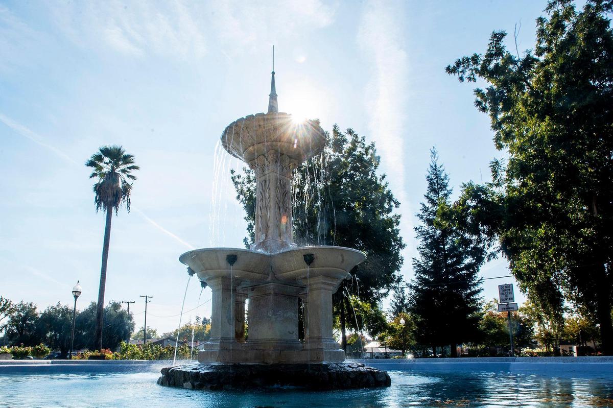 The historic Laura Fountain located in Applegate Park, near the intersection of M Street and West 26th Street in Merced, Calif., on Wednesday, Nov. 13, 2024. The marble fountain built in 1888 by Merced Founder Charles Henry Huffman and named for his third wife Laura Kirkland Huffman, was originally located next to the El Capitan Hotel. The fountain was moved to its current location in 1935. A restoration project was recently completed after the fountain had fallen into disrepair.